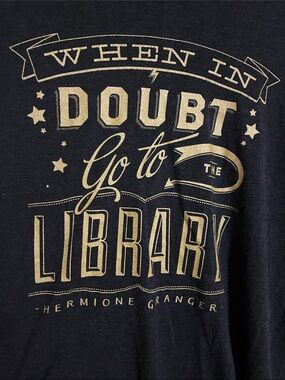 Out of Print Black Tee with Gold "When in Doubt Go to the Library" Graphic